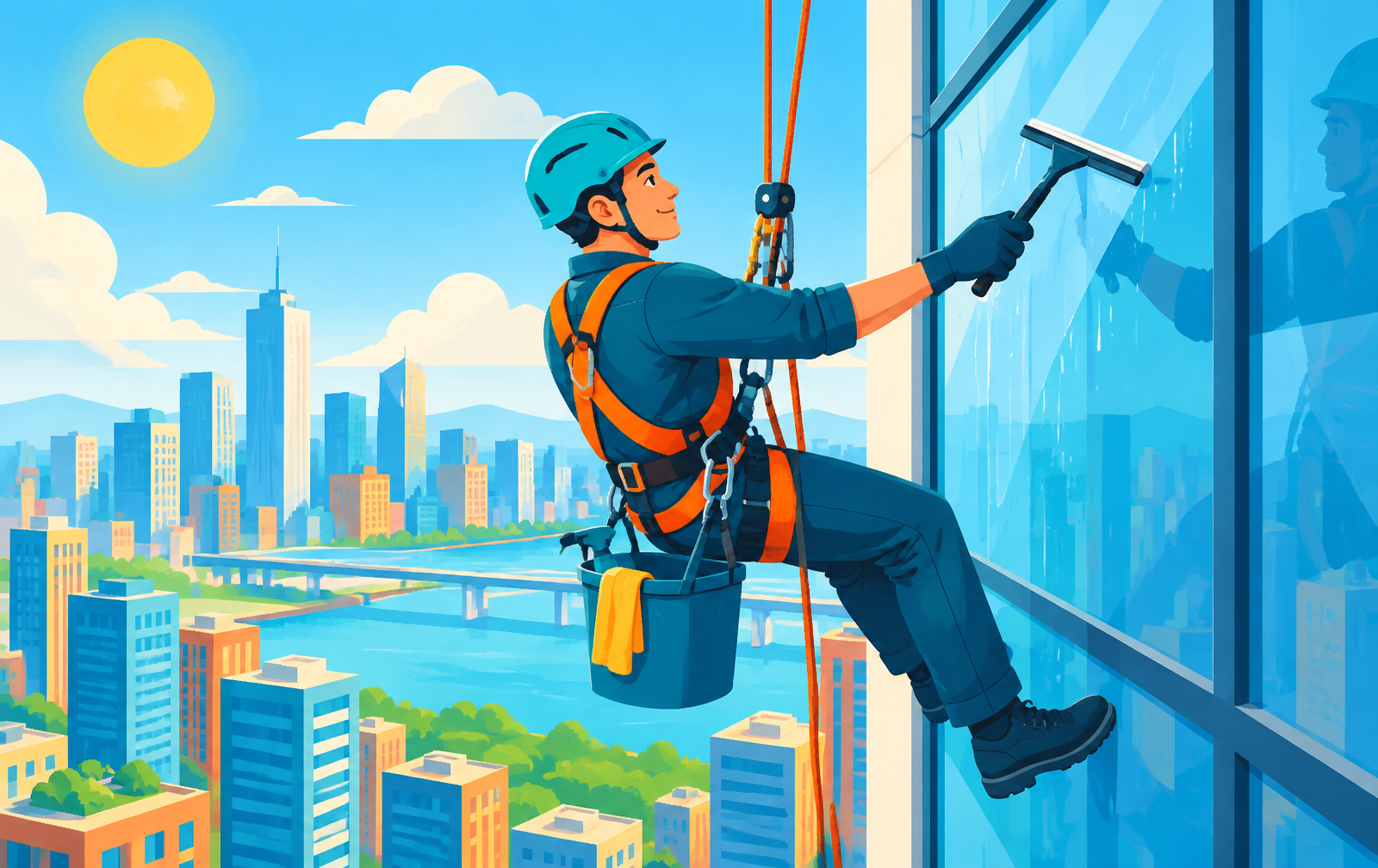 Colorful illustration of a rope access technician cleaning windows on a high-rise facade